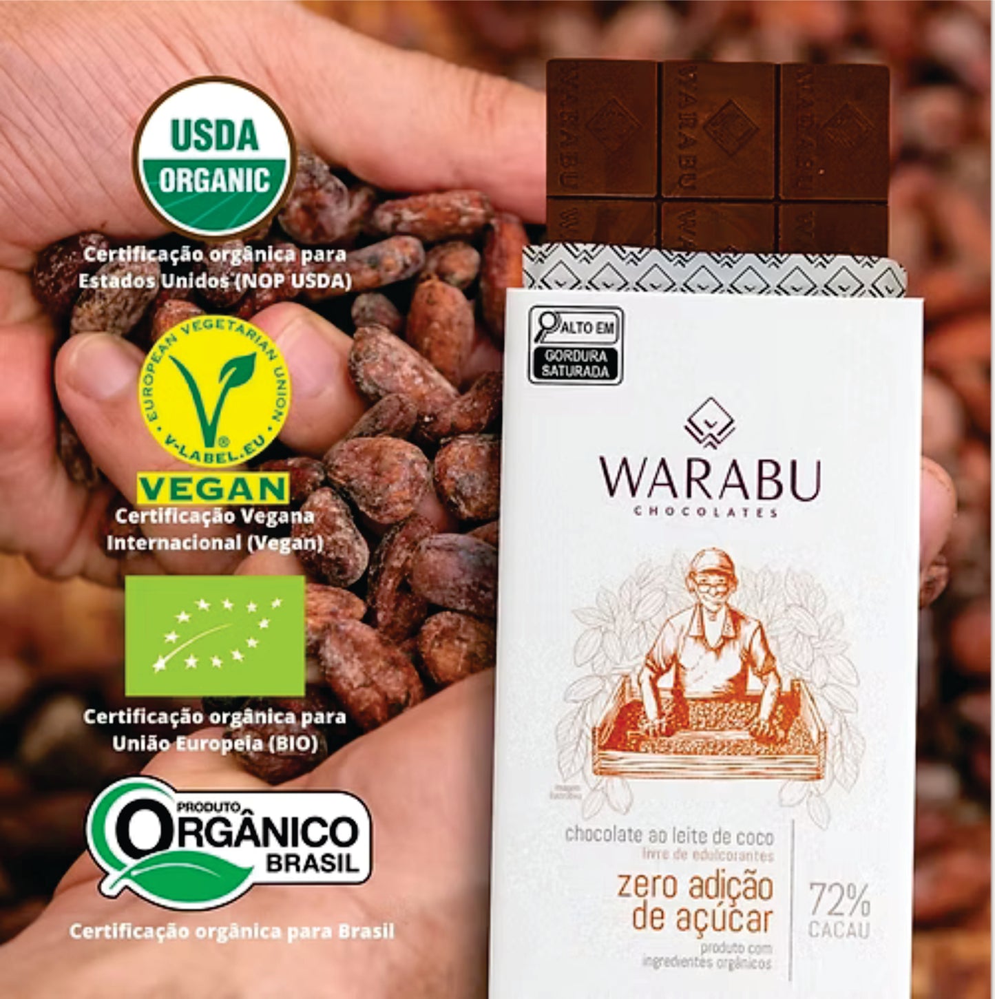 Chocolate Orgânico 72% Cacau Ao Leite De Coco Zero Adição De Açúcar 70gr