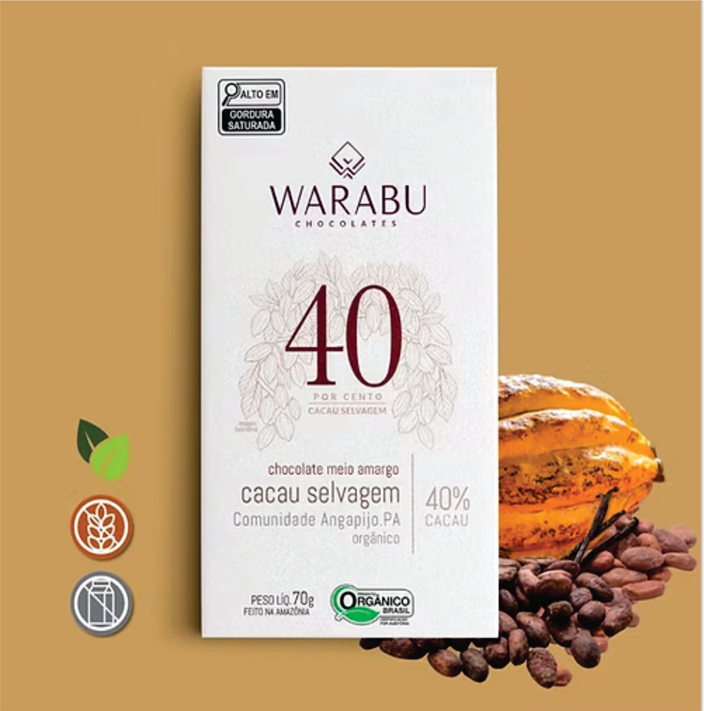 Chocolate 40% Cacau Selvagem Orgânico Comunidade Angapijo – PA 70gr