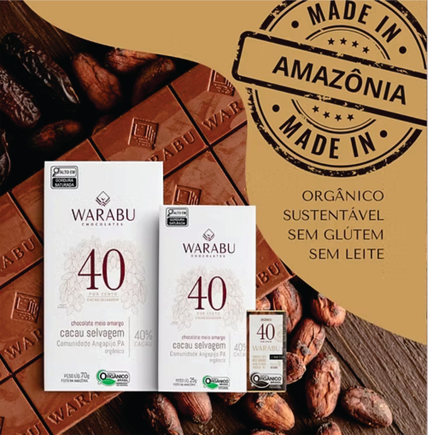 Chocolate 40% Cacau Selvagem Orgânico Comunidade Angapijo – PA 70gr